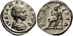 The Roman Empire Julia Maesa, grandmother of Elagabal and Severus Alexander Denarius 218-222 or 223, AR 3.40 g. IVLIA MAESA AVG Draped bust r. Rev. PVDI – CITIA Pudicitia, veiled, seated l., holding s