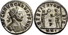 The Roman Empire Carus, 282 – 283 Antoninianus, Siscia 282, AR 3.63 g. IMP C M AVR CARVS P F AVG Radiate and draped bust r. Rev. RESTITVT OR – BIS Female standing r., presenting wreath to emperor stan