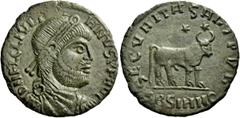 The Roman Empire Julian II, 360 – 363 Barbaric Imitation . Æ1, Sirmium 361-363, Æ 7.07 g. D N FL CL IVLI – HNVS P F HVG Pearl- diademed, draped and cuirassed bust r. Rev. SECVHITHS HEIPVB Bull standin