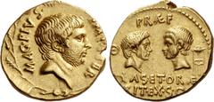 The Roman Republic Sextus Pompeius. Aureus, Sicily 37-36, AV 7.86 g. MAG·PIVS· – IMP·ITER Bearded and bare head of Sextus Pompeius r.; all within oak wreath. Rev. PRAEF Heads of Cn. Pompeius Magnus on