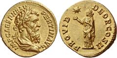 The Roman Empire Pertinax, 1st January – 28 March 193. Aureus 193, AV 7.23 g. IMP CAES P HELV – PERTIN AVG Laureate and draped bust r. Rev. PROVID – DEOR COS II Providentia standing l., holding up bot