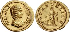 The Roman Empire Julia Domna, wife of Septimius Severus and mother of Caracalla and Geta. Aureus 211, AV 7.34 g. IVLIA PIA – FELIX AVG Draped bust r., her hair arranged in waves with a flat bun at the