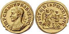 The Roman Empire Probus, 276 – 282. Aureus, Lugdunum Summer 281, AV 6.27 g. IMP C M AVR PROBVS AVG Laureate and cuirassed bust l. Rev. VICTO – RIA PROBI AVG Victory advancing r., holding wreath and pa