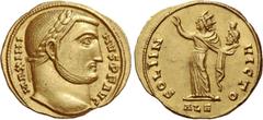 The Roman Empire Maximinus II Daia augustus, 310 – 313. Aureus, Alexandria circa 311-313, AV 5.18 g. MAXIMI – NVS P F AVG Laureate head r. Rev. SOLI IN – VICTO Sol in long robe, standing l., raising r