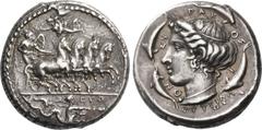 Greek Coins Syracuse. Tetradrachm signed by Euth... and Phrygillos circa 405, AR 17.38 g. Fast quadriga driven r. by naked and winged daimon holding reins with both hands; above, Nike flying l. to cro