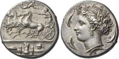 Greek Coins Syracuse. Decadrachm signed, by Euainetos circa 400 BC, AR 42.71 g. Fast quadriga driven l. by charioteer, holding reins and kentron; in field above, Nike flying r. to crown him. In exergu