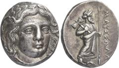 Greek Coins Dynasts of Caria, Maussolus, 377 – 353. Tetradrachm, Halicarnassus after 367, AR 15.11 g. Laureate head of Apollo facing three-quarters r. Rev. ΜΑΥΣΣΩΛΛ[Ο] Zeus Labraundus standing r., hol