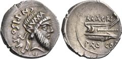 The Roman Republic Cn. Pompeius Magnus and Cn. Calpurnius Piso. Denarius, mint moving with Pompey 49, AR 3.74 g. CN·PISO·PRO – Q Bearded head of Numa Pompilius r., wearing diadem inscribed NVMA. Rev. 