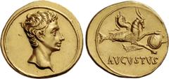 The Roman Empire Octavian as Augustus, 27 BC – 14 AD. Aureus, Colonia Patricia circa 18-17/16, AV 7.87 g. Bare head r. Rev. Capricorn r., holding globe over rudder; above, cornucopiae. Below, AVGVSTVS