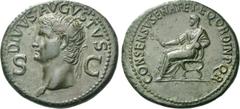 The Roman Empire Octavian as Augustus, 27 BC – 14 AD. Divus Augustus. Dupondius 37-41, Æ 16.00 g. DIVVS AVGVSTVS Radiate head l.; in field, S – C. Rev. CONSENSV SENAT ET EQ ORDIN P Q R Augustus (?), l
