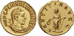The Roman Empire Valerian I, 253 – 260. Aureus 253-254, AV 2.62 g. IMP C P LIC VALERIANVS AVG Laureate, draped and cuirassed bust r. Rev. LAETITIA AVGG laetitia standing l., holding wreath and anchor.