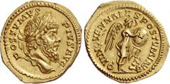 The Roman Empire Postumus, 259 – 268. Aureus, Colonia Agrippina 263-264, AV 5.17 g. POSTVMVS – PIVS AVG Laureate head r. Rev. QVINQVENNALES POSTVMI AVG Victory standing r., l. foot on cuirass, writing