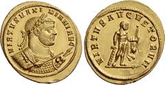 The Roman Empire Maximian Herculius first reign, 286 – 305. Aureus, Siscia 286, AV 5.89 g. VIRTVS MAXI – MIANI AVG Laureate and cuirassed bust r., holding a spear in his r. hand and two more in his l.