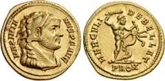 The Roman Empire Maximian Herculius first reign, 286 – 305. Aureus 294, AV 5.43 g. MAXIMIA – NVS P F AVG Head r., wearing lion's skin headdress. Rev. HERCVLI – DEBELLAT Hercules standing r., about to 