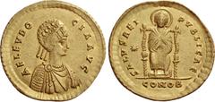 The Roman Empire Aelia Eudocia, wife of Theodosius II. Medallion of two solidi, Constantinopolis 423, AV 8.94 g. AEL EVDO – CIA AVG Pearl-diademed and draped bust r. Rev. SALVS REI – PVBLICAE The Empr