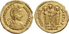 The Roman Empire Valentinian III, 425 – 455. Solidus, Thessalonica 437-438, AV 4.42 g. D N PLA VALENTI – NIANVS P F AVG Pearl-diademed, helmeted, draped, and cuirassed bust r. Rev. FELICITER NVBTIIS W