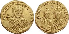 The Byzantine Empire Basil I the Macedonian, 867 – 886 and associate ruler from 868. Solidus 882 (?), AV 4.46 g. + bASILIOS – AЧGЧSt'b' Facing bust of Basil with short beard, wearing crown with cross 