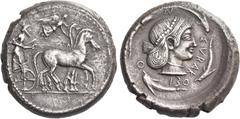 Greek Coinage Syracuse. Tetradrachm circa 480-475, AR 17.28 g. Slow quadriga driven r. by charioteer, holding reins and kentron; above, Nike alighting r. to crown the horses. Rev. Diademed head of Are