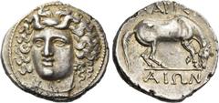 Greek Coinage Thessaly, Larissa. Drachm circa 348-336, AR 6.01 g. Head of nymph Larissa facing three quarters l., wearing ampyx; hair floating freely above head. Rev. Horse grazing r. Herrmann, Die Si
