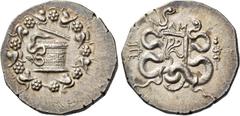 Greek Coinage Pergamum under the Romans. Cistophoric tetradrachm circa 133-67, AR 12.60 g. Serpents emerging from cista mistica; all within wreath. Rev. Two serpents coiled around the staff of a legio