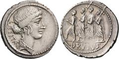 Roman Republican Coinage M. Iunius Brutus. Denarius 54, AR 3.74 g. LIBERTAS Head of Libertas r. Rev. The consul L. Junius Brutus walking l. between two lectors preceded by an accensus. In exergue, BRV