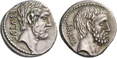 Roman Republican Coinage M. Iunius Brutus. Denarius 54, AR 4.04 g. BRVTV[S] Head of L. Iunius Brutus r. Rev. AHALA Head of C. Servilius Ahala r. Babelon Julia 30 and Servilia 17. Sydenham 932. RBW 154