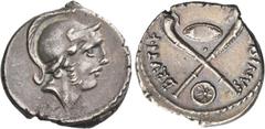 Roman Republican Coinage D. Iunius Brutus Albinus. Denarius 48, AR 3.68 g. Helmeted head of young Mars r. Rev. [AL]BINVS – BRVTI·F Two Gaulish trumpets in saltire; above, oval shield and below, round 