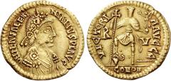 Migration of the Germanic Tribes The Visigoths. Pseudo-Imperial Coinage. In the name of Valentinian III, 425-455. Solidus, uncertain mint in Gaul circa 439-455, AV 4.37 g. Rosette-diademed, draped and