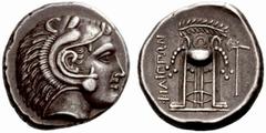 Greek Coins Philippi No.: 150 Schätzwert/Estimation: CHF 16000.- d=25 mm Tetradrachm circa 356-345, AR 13.16 g. Head of young Heracles r., wearing lion skin. Rev. FILIPPWN Tripod with three handles; f