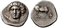 Greek Coins Thessaly, Larissa No.: 176 Schätzwert/Estimation: CHF 1200.- d=20 mm Didrachm circa 395-370, AR 6.11 g. Head of nymph Larissa facing three quarters l., wearing ampyx inscribed GEU; hair fl