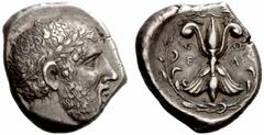 Greek Coins Olympia, Elis No.: 192 Schätzwert/Estimation: CHF 24000.- d=24 mm Stater signed DA...., 416, the 91st Olympiad, AR 12.26 g. Bearded head of Zeus r. with short hair, wearing olive wreath. R