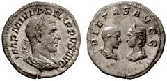 The Roman Empire Philip I, 244-249 No.: 614 Schätzwert/Estimation: CHF 10000.- d=19 mm Denarius circa 244-247, AR 2.38 g. IMP M IVL PHILIPPVS AVG Laureate, draped and cuirassed bust r. Rev. PIETAS AVG