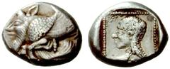 Greek Coins Dynasts of Lycia Uvug, c. 480-440. No.: 1557 Schätzwert/Estimation: CHF 2000.- d=17 mm Drachm c. 520-480, AR 5.85 g. Rosen 733. Vismara, Lycia II, 91 var. (hemidrachm). Extremely rare. VF 