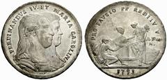 REGNO DI NAPOLI E REGNO DI SICILIA REGNO DI NAPOLI NAPOLI No.: 689 Estimate: EUR 4000 d=42 mm Piastra 1791. AR, gr. 27,25 – ø 42,3 mm. D/ FERDINANDVS IV. ET MARIA CAROLINA, busti accollati, corazzati,