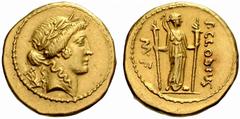 The Roman Republic No.: 8 Schätzwert/Estimation: CHF 26000 d=20 mm P. Clodius. Aureus circa 42 BC, 8.14 g. Laureate head of Apollo r.; in field l., lyre. Rev. P·CLODIVS – M·F Diana standing facing, wi