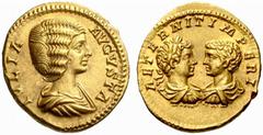 The Roman Empire Julia Domna, wife of Septimius Severus No.: 71 Schätzwert/Estimation: CHF 25000 d=21 mm Aureus circa 201, 7.10 g. IVLIA – AVGVSTA Draped bust of Julia Domna r. Rev. AETERNIT IMPERI Co