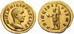The Roman Empire Philip II Caesar, 244 – 247 No.: 87 Schätzwert/Estimation: CHF 20000 d=21 mm Aureus circa 245-246, 4.27 g. M IVL PHILIPPVS CAES Bare-headed and draped bust r. Rev. PRINCIPI I – VVENT 
