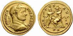 The Roman Empire Maximianus Herculeus first reign, 286 – 305 No.: 127 Schätzwert/Estimation: CHF 12000 d=21 mm Aureus circa 287, 5.80 g. MAXIMIA – NVS P F AVG Laureate and cuirassed bust r. Rev. VIR –