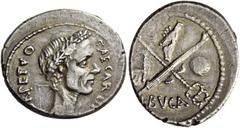 The Roman Republic C. Iulius Caesar with L. Aemilius Buca. Denarius 44, AR 3.49 g. CAESAR·DI[CT] – [PE]RPETVO Wreathed head of Caesar r. Rev. Fasces and caduceus in saltire; on l., axe and on r., glob