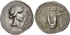 The Roman Republic Q. Caepio Brutus. Denarius, mint moving with Brutus 43-42, AR 3.69 g. LEIBERTAS Head of Libertas r. Rev. CAEPIO·BRVTVS·PRO·CO – S Plectrum, lyre and laurel branch tied with fillet. 