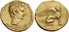 The Roman Empire Octavian as Augustus, 27 BC – 14 AD. Aureus, Pergamum 19-18 BC, AV 7.99 g. AVGVSTVS Bare head r. Rev. Sphinx, with wings raised, seated r. C 333. BMC 682. Bahrfeldt 140. RIC 512 (misd