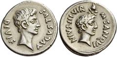 The Roman Empire Octavian as Augustus, 27 BC – 14 AD. M. Sanquinius. Denarius circa 17 BC, AR 3.94 g. AVGVSTVS – DIVI F Bare head of Augustus r. Rev. M SANQVI – NIVS III VIR Laureate, youthful head of