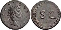 The Roman Empire Octavian as Augustus, 27 BC – 14 AD. Divus Augustus. Sestertius circa 98, Æ 25.87g. DIVVS AVGVSTVS Laureate head of Augustus r. Rev. IMP NERVA CAES AVGVSTVS REST around S C. C Augustu