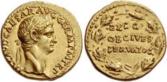 The Roman Empire Claudius, 41 – 54. Aureus 41-42, AV 7.74 g. TI CLAVD CAESAR AVG GERM P M TR P Laureate head r. Rev. E X S C / OB CIVES / SERVATOS within oak wreath. C 34. BMC 16. RIC 15. CBN 31. Cali