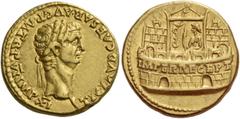 The Roman Empire Claudius, 41 – 54. Aureus 46-47, AV 7.75 g. TI CLAVD CAESAR AVG P M TR P VII IMP XI Laureate head r. Rev. IMPER RECEPT inscribed on praetorian camp, at the door of which stands a sold