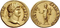 The Roman Empire Nero augustus, 54 – 68. Aureus 64-65, AV 7.23 g. NERO – CAESAR Laureate head r. Rev. AVGVSTVS GERMANICVS Nero, radiate, standing facing, holding branch and Victory on globe. C 44. BMC