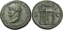 The Roman Empire Nero augustus, 54 – 68. Sestertius Lugdunum circa 65, Æ 28.43 g. NERO CLAVD CAESAR AVG GER P M TR IMP P P Laureate bust l. with globe at point of bust. Rev. S – C Triumphal arch decor
