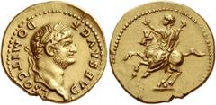 The Roman Empire Domitian caesar, 69 - 81. Aureus 73-early 75, AV 7.24 g. DOMIT COS II – CAES AVG F Laureate and bearded head r. Rev. Domitian on horse rearing l., raising r. hand and holding sceptre 