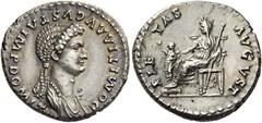 The Roman Empire Domitia, wife of Domitian. Denarius 82-83, AR 3.59 g. DOMITIA AVGVSTA IMP DOMIT Draped bust r. Rev. PIE – TAS – AVGVST Pietas seated l., holding sceptre in l. hand and extending r. to