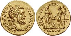 The Roman Empire Septimius Severus, 193 – 211. Aureus 194, AV 7.34 g. L·SEPT·SEV PE – RT AVG IMP II Laureate head r. Rev. DIS·AVSPI – CIB·T – R – P II Hercules on l., standing l., holding club in r. h